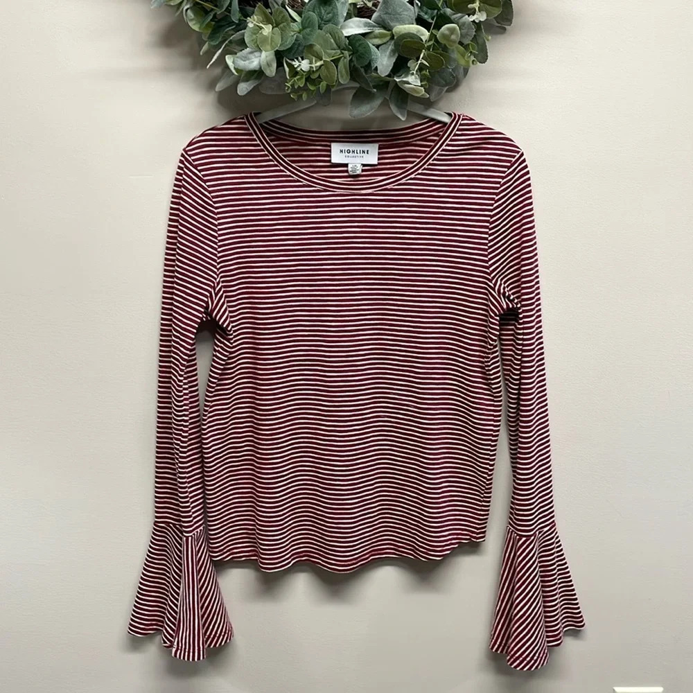 Highline Collective Bell Sleeve Red White Striped Top L
